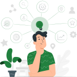 cartoon rendering of person with lightbulb above their head with a variety of images representing business marketing insights